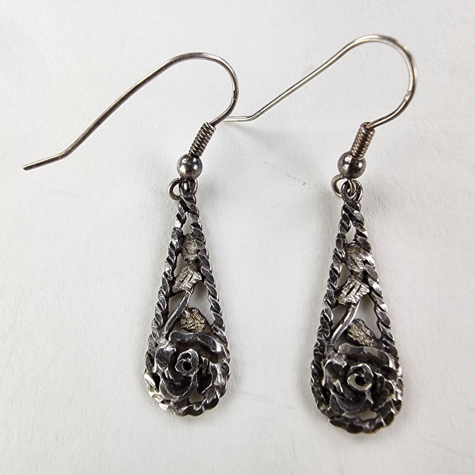 Black Hills Gold Rose & Leaf Teardrop Earrings Sterling Silver 925 Vintage