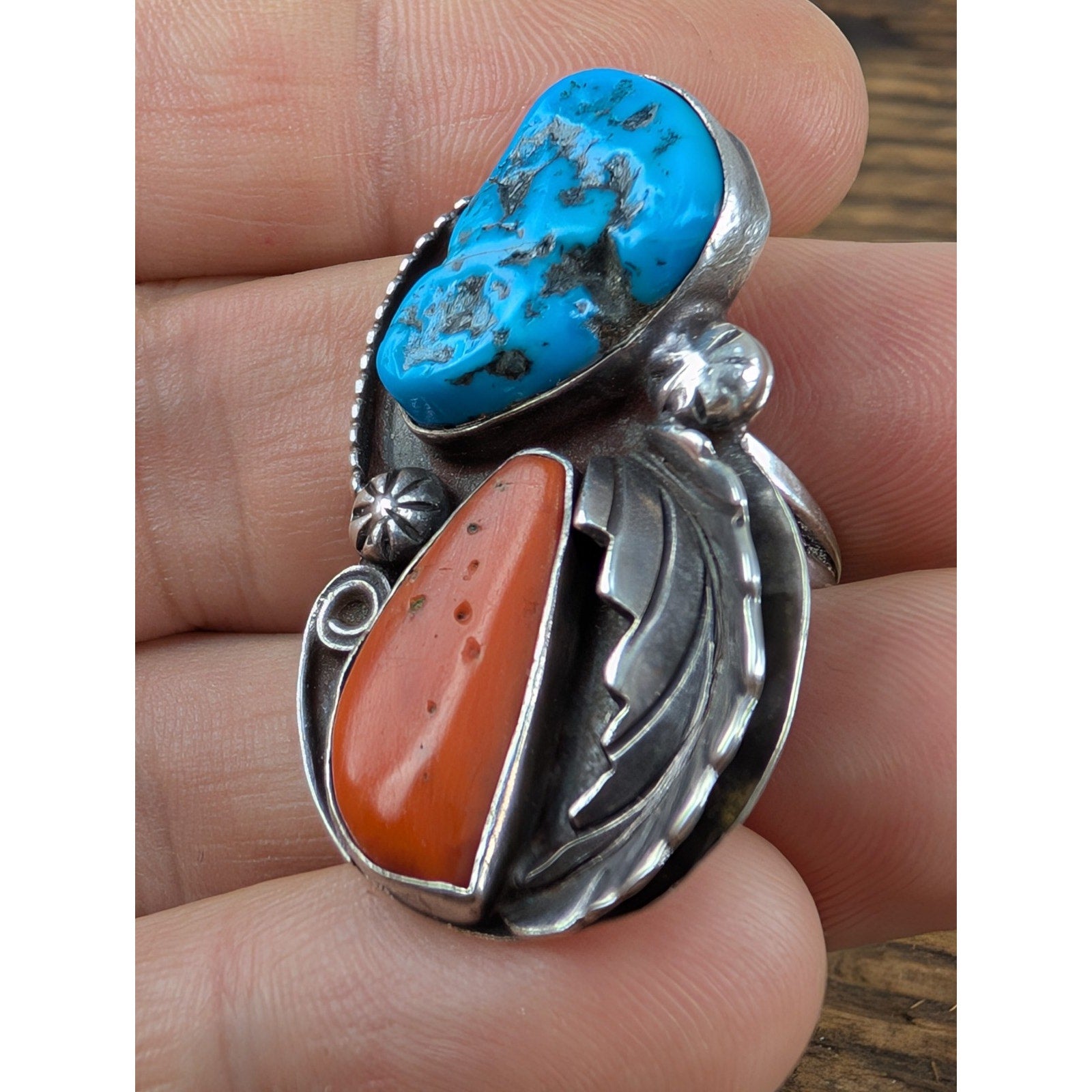 Old Pawn CORAL and TURQUOISE Sterling Silver 925 Ring Size 7