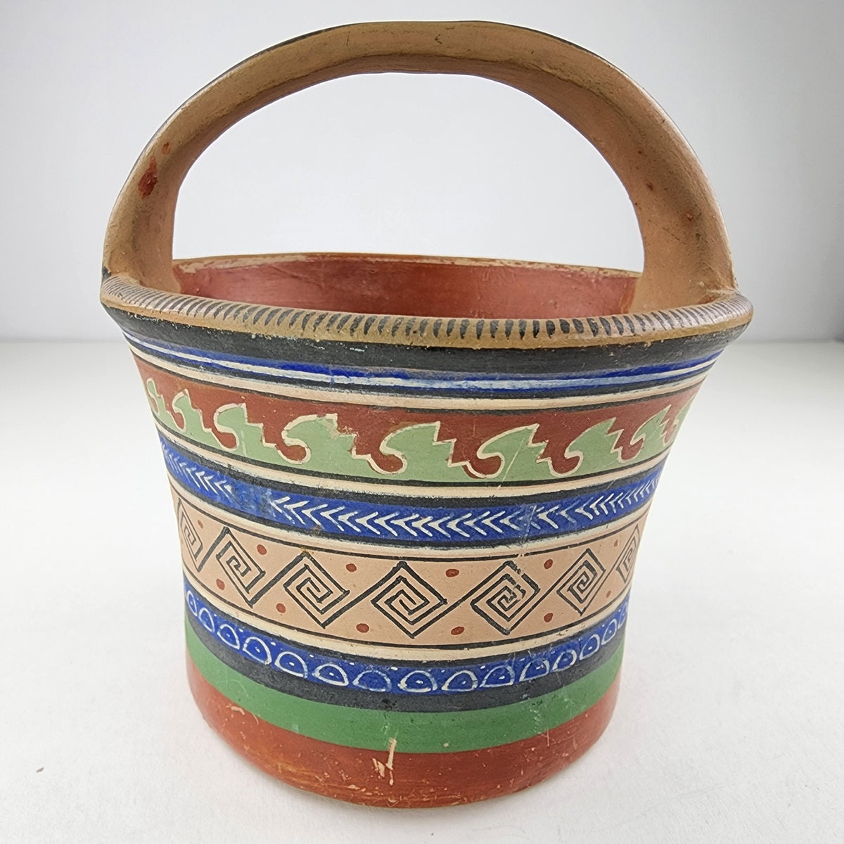 1930's Ladislao Ortega Polychrome Handled Basket Clay Painted Mexican Pottery
