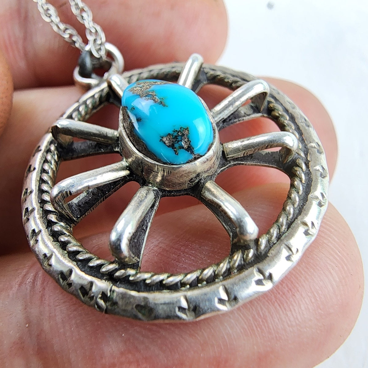 Old Pawn Turquoise Wagon Wheel Pendant Necklace Sterling Silver 925 Signed VP