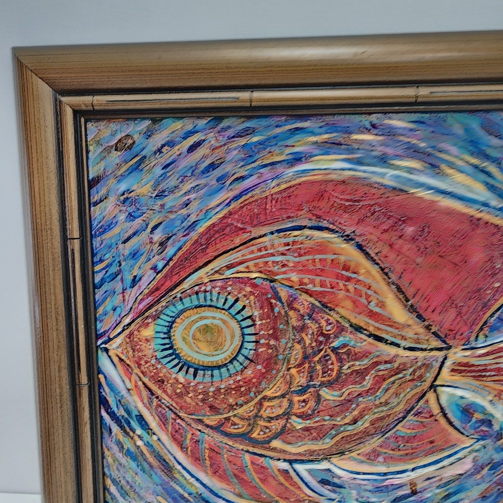Abstract Fish Acrylic Painting on Panel Signed Cori & Framed