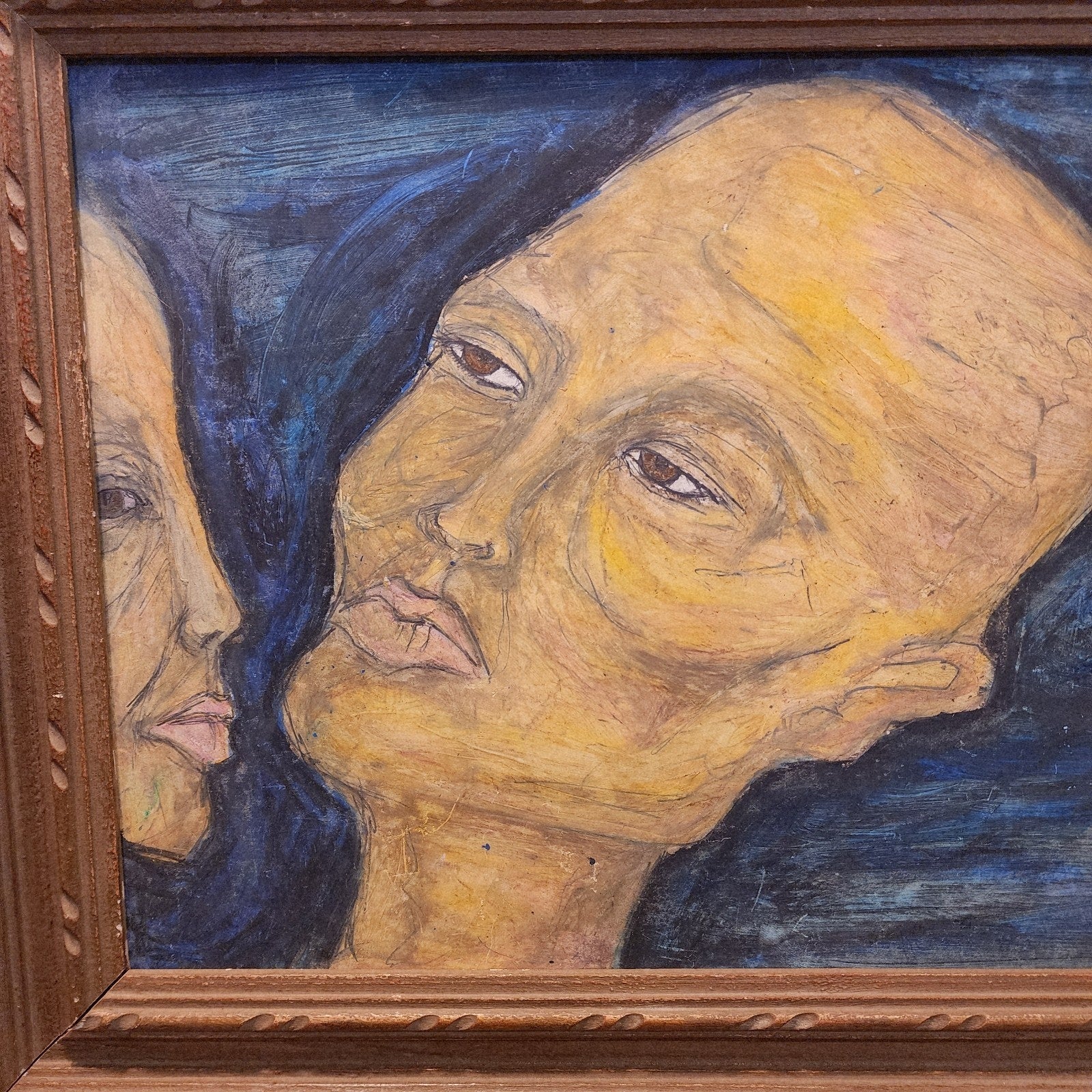 Expressionist Couple Acrylic on Panel Surrealist Painting Two Faces