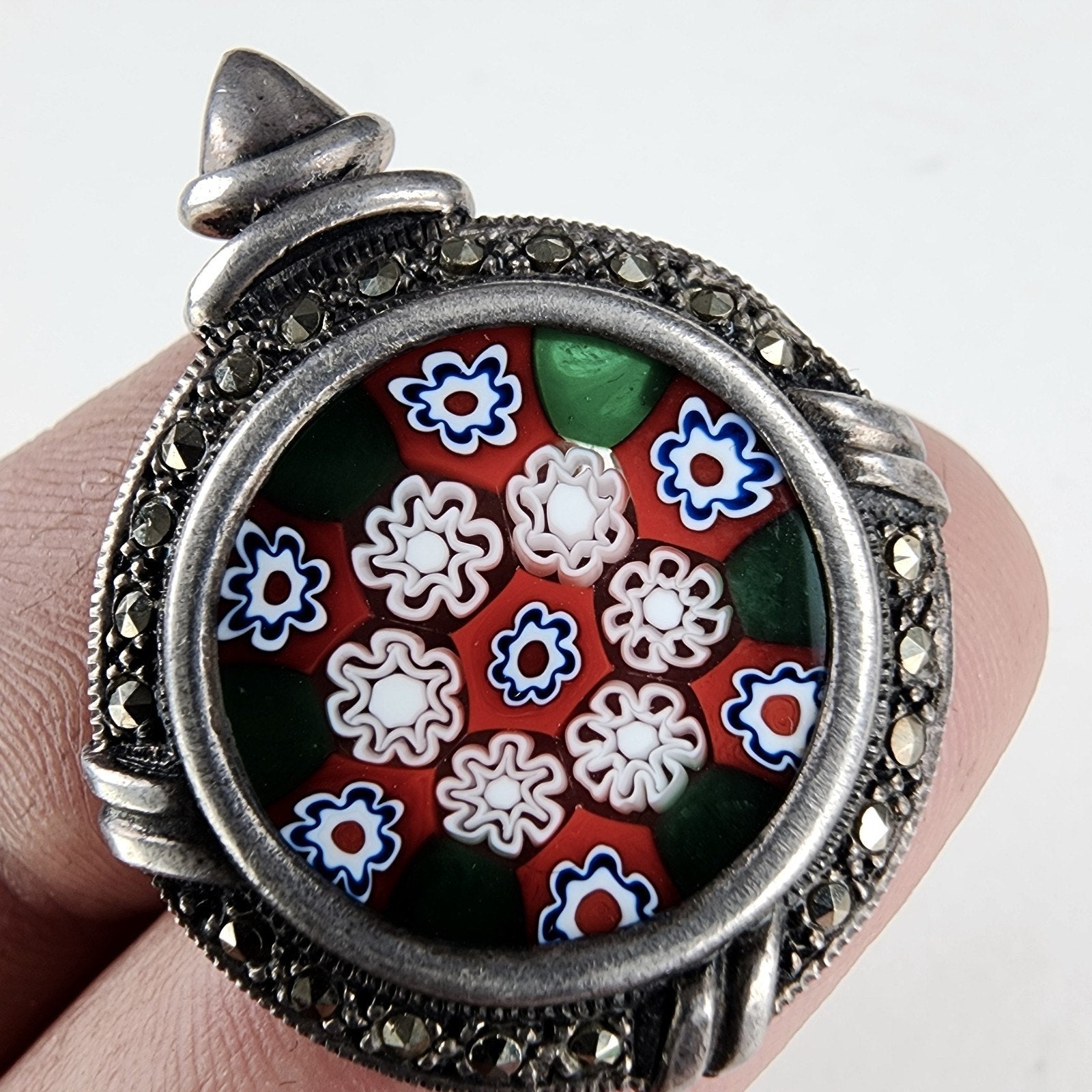 Italian Millefiori Marcasite Glass Pendant Sterling Silver 925 Vintage