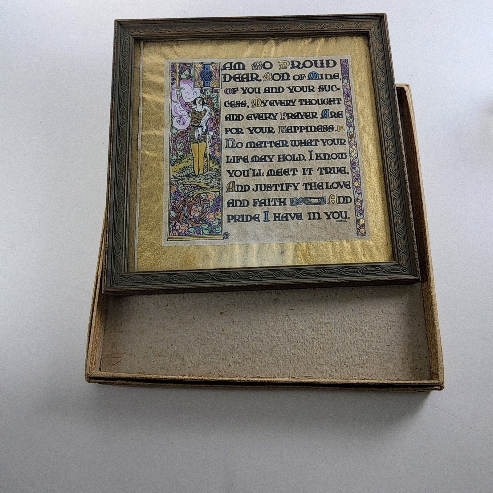 Hand Illuminated Gilded Devotional Parchment Print to Son Original Box Antique
