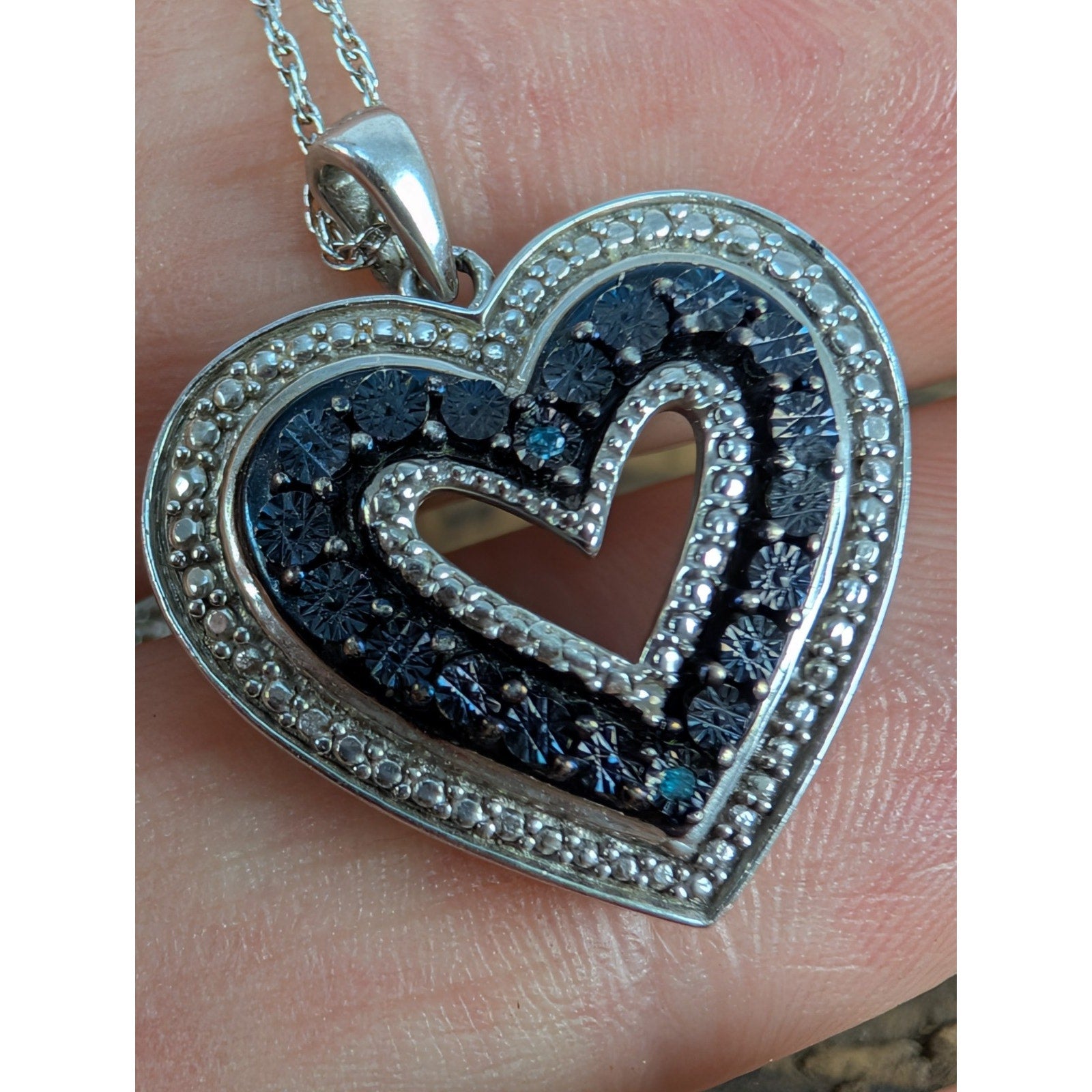 Vintage Blue Diamond Sterling Silver 925 Designer Heart Pendant