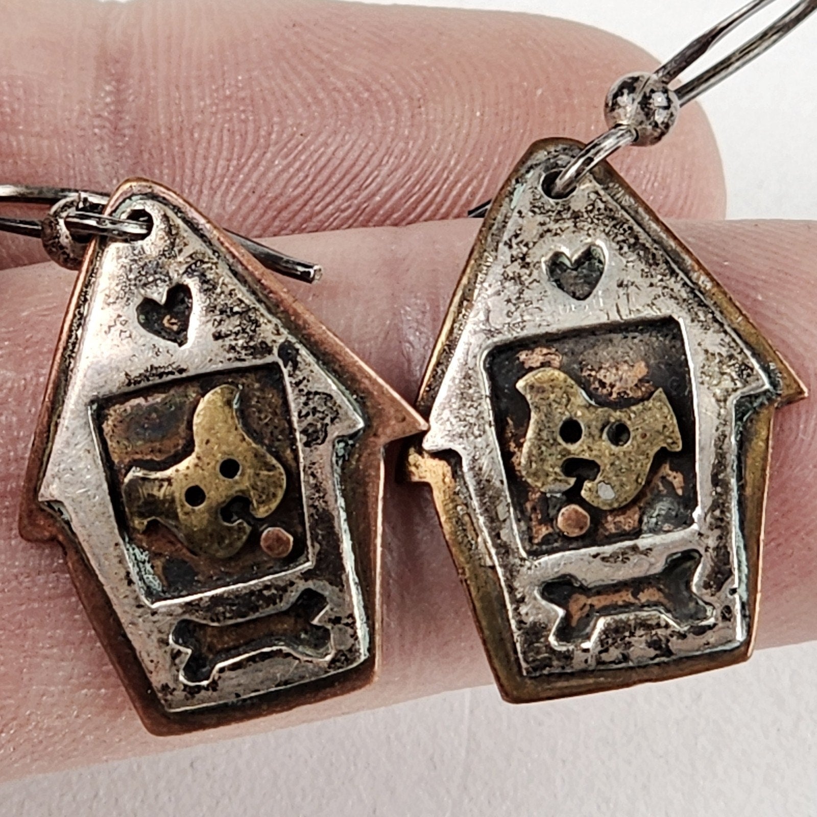 Far Fetched Studios Dog House & Bone Dangle Earrings Sterling Silver 925 Copper