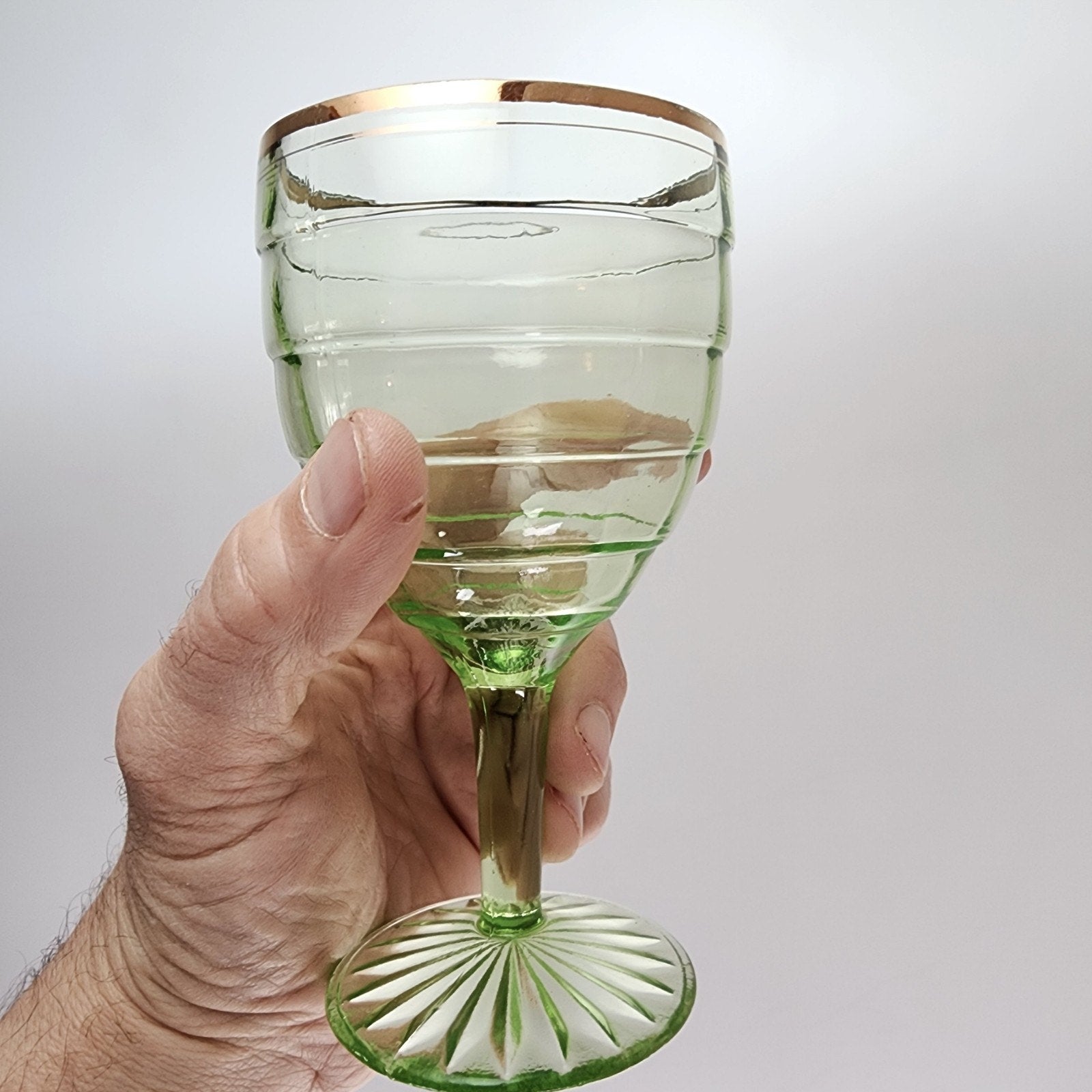 Anchor Hocking Block Optic Pattern 6" Gold Rimmed UV Uranium Wine Glass Set of 3