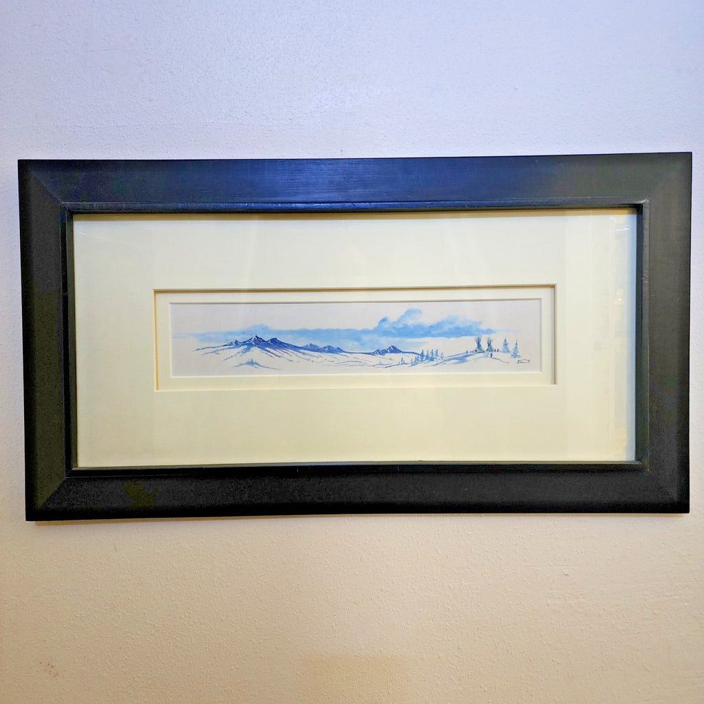 Tonalist Winter Mountain Landscape Scene Watercolor Painting by J Malkin