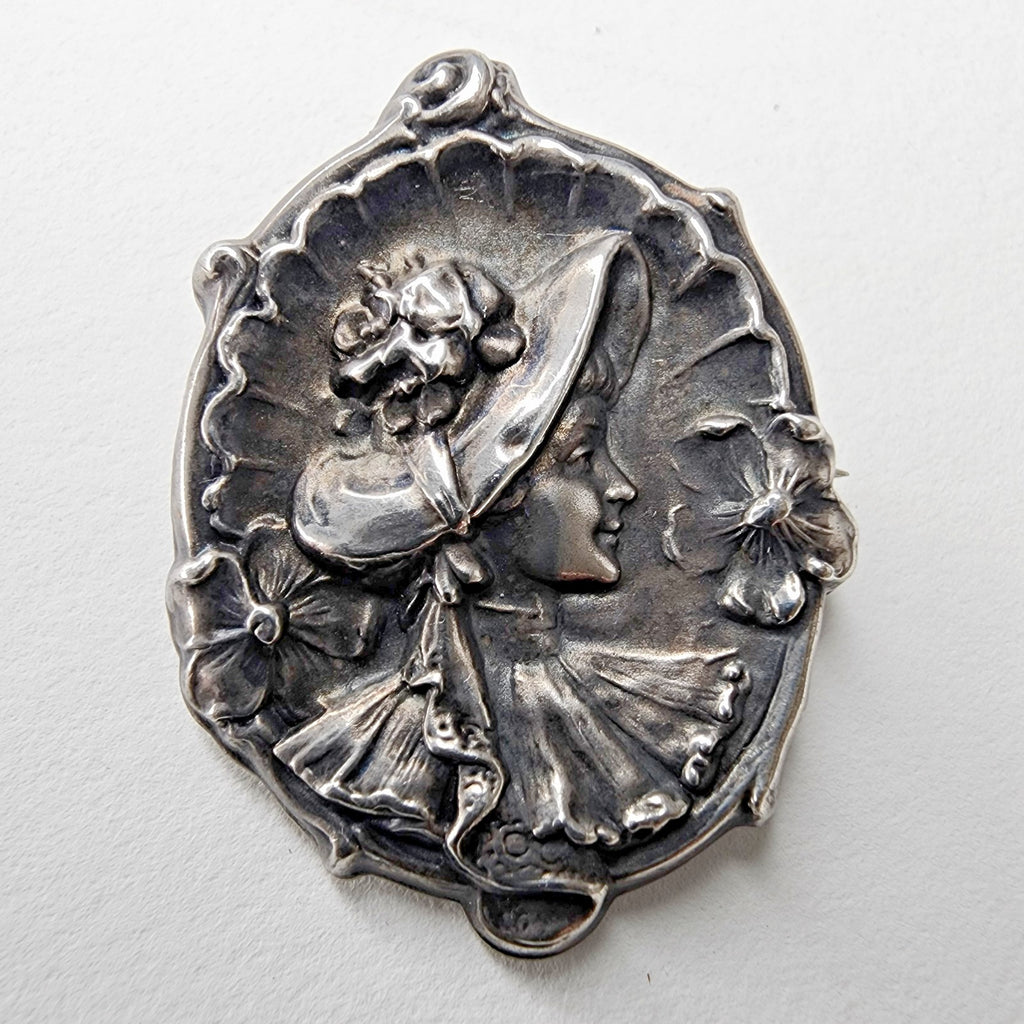Victorian Sterling Silver 925 Cameo Brooch Pin Repousse