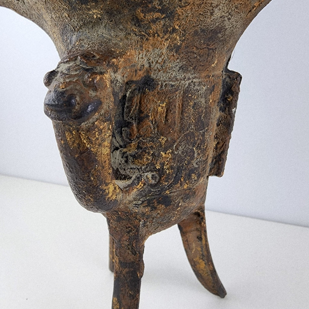 Chinese Bronze Jue Gilt Splashed Archaistic Tripod Wine Vessel Replica