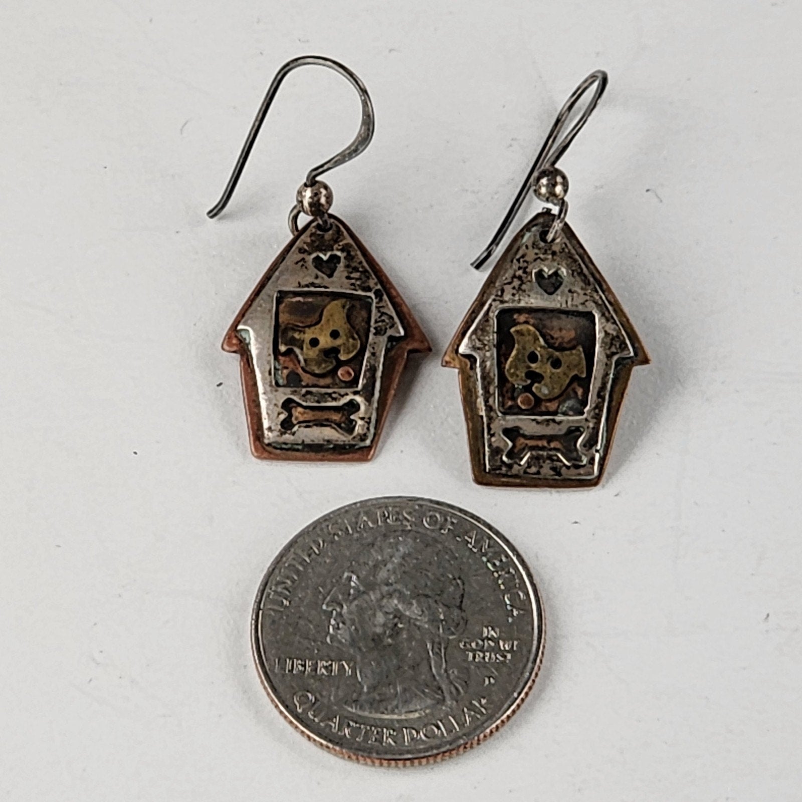 Far Fetched Studios Dog House & Bone Dangle Earrings Sterling Silver 925 Copper