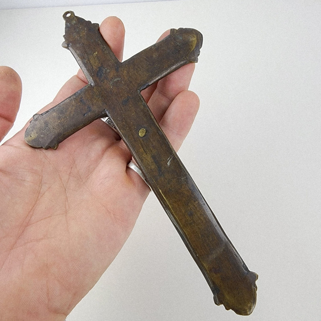 19th C European Baroque Bronze Crucifix Antique Relief Cross 7 1/2"