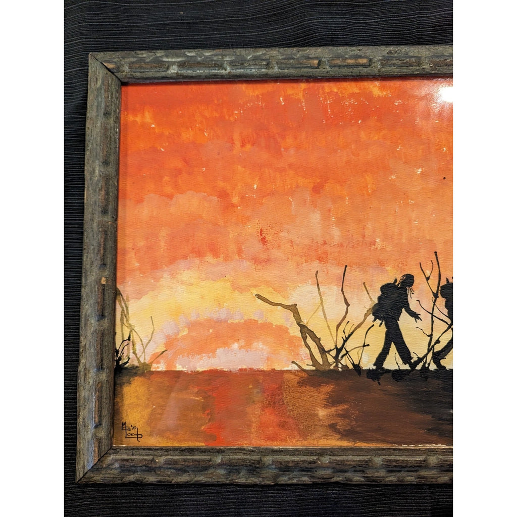 Framed Bushfire Watercolor by MG Lord 1970 MCM Artwork 16" x 11"