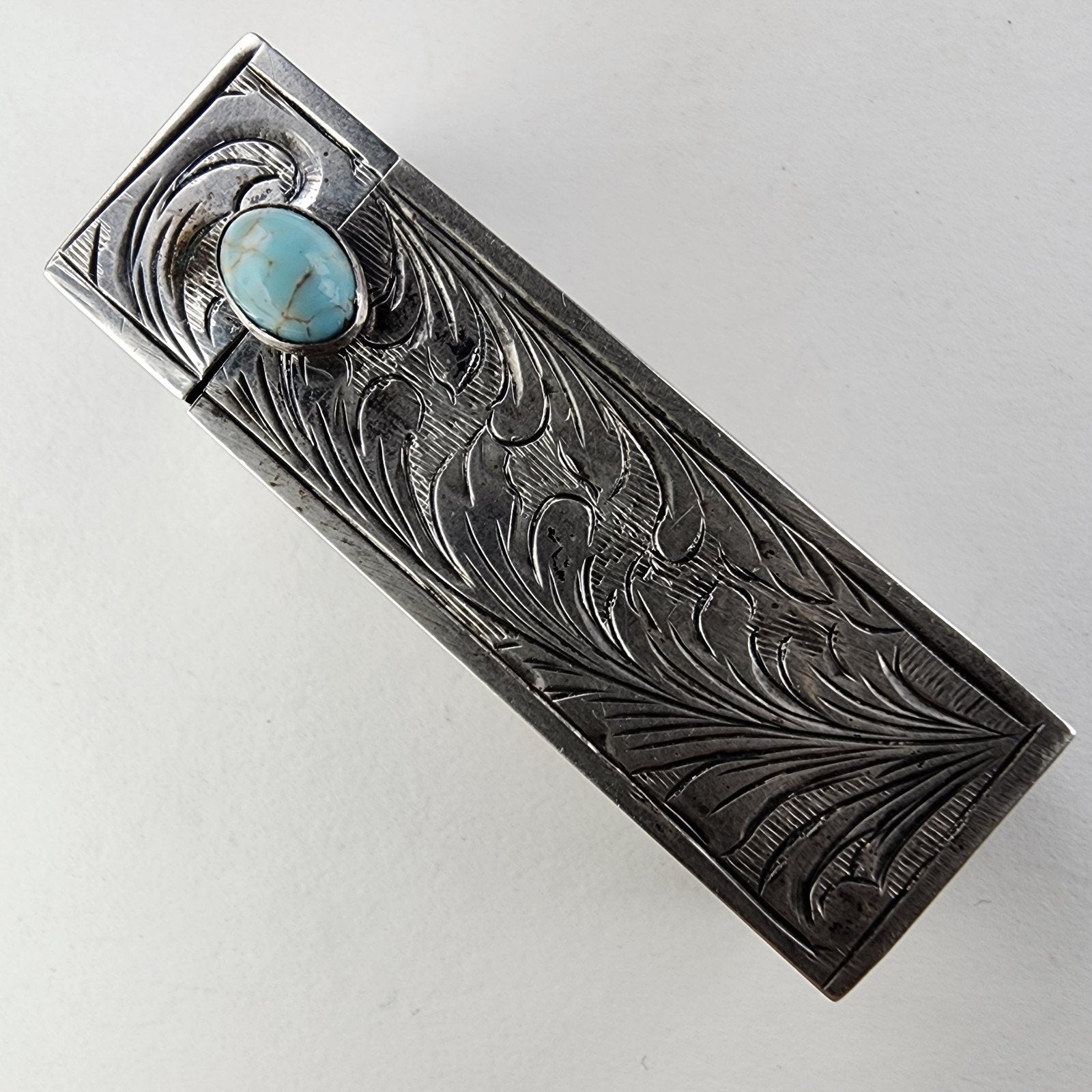 Etched Turquoise Accentt 800 Silver Lipstick Container with Mirror Italy Antique