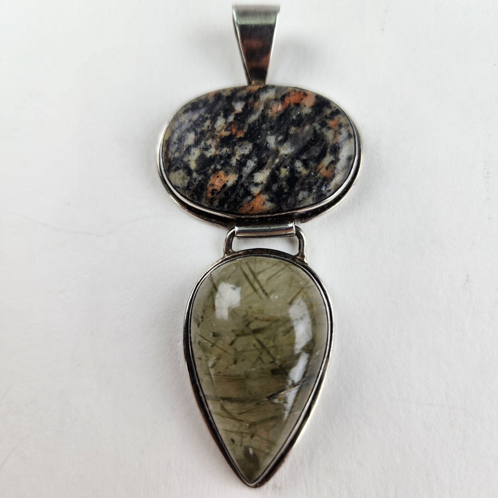Rutilated Quartz & Rhodochrosite Sterling Silver 925 Vintage Articulated Pendant
