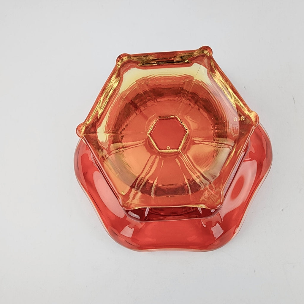 Viking Glass Epic Six Petal Amberina Flame Pedestal Bowl UV Vaseline Glass