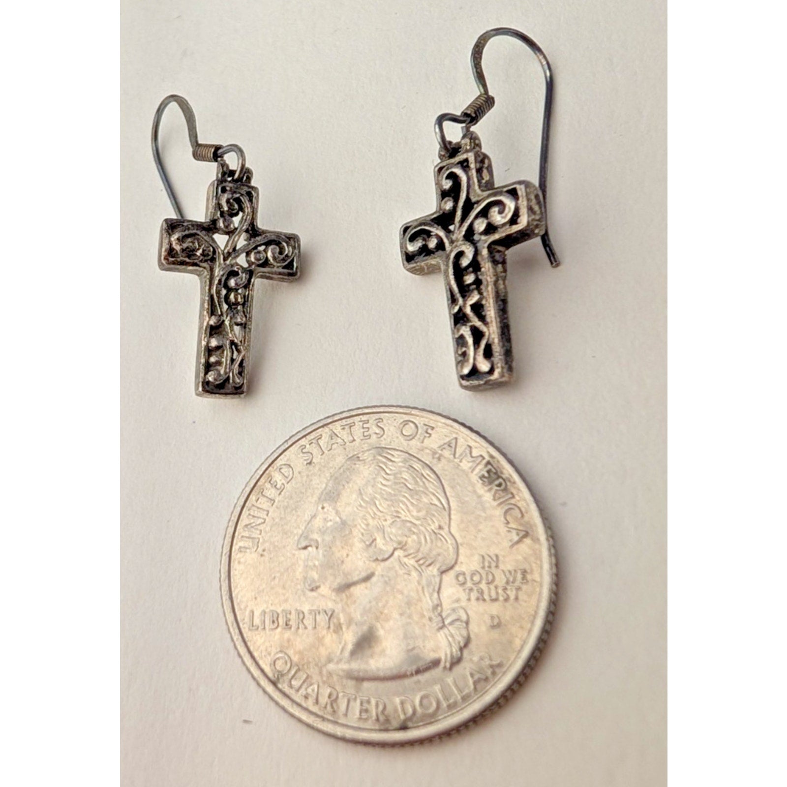 Scrollwork Cross Sterling Silver 925 Fish Hook Dangle Earrings Vintage