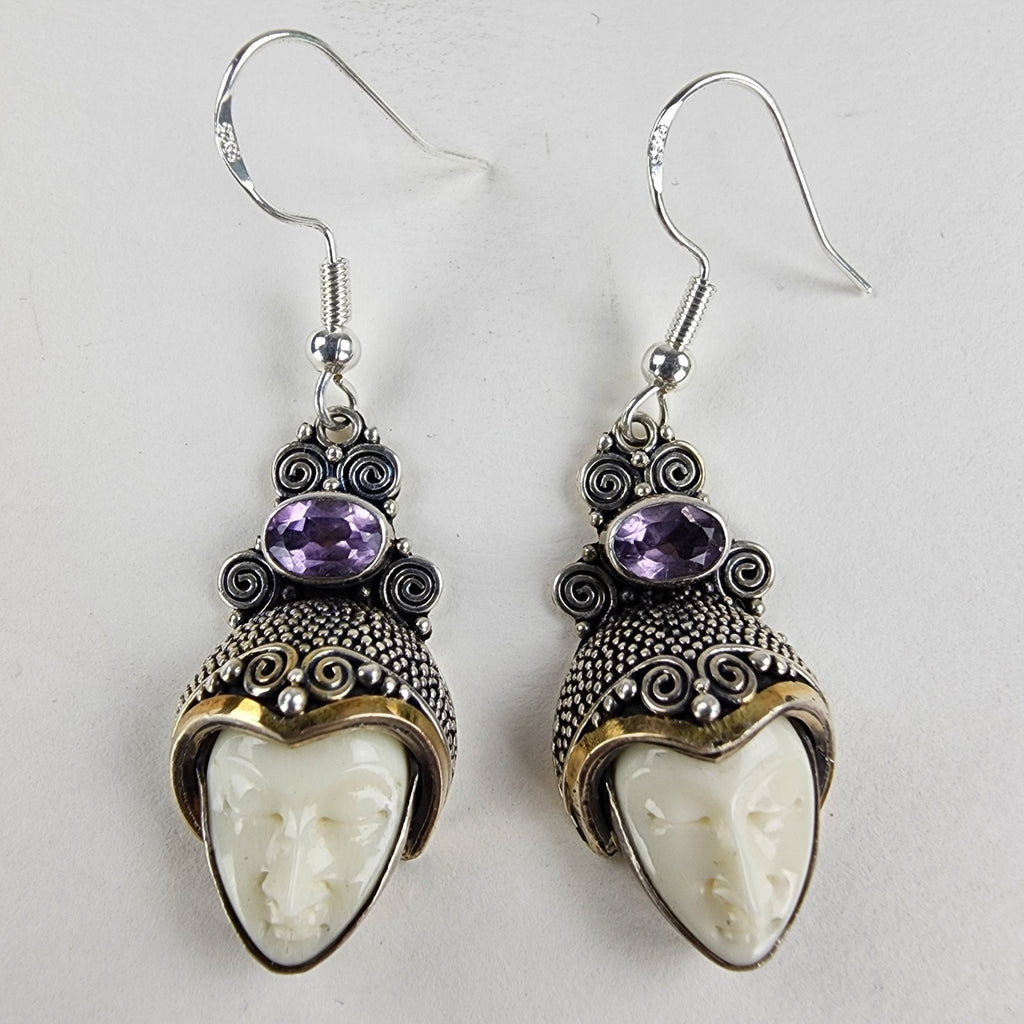 14K Yellow Gold Amethyst Face Earrings Sterling Silver 925 Vintage Beaded