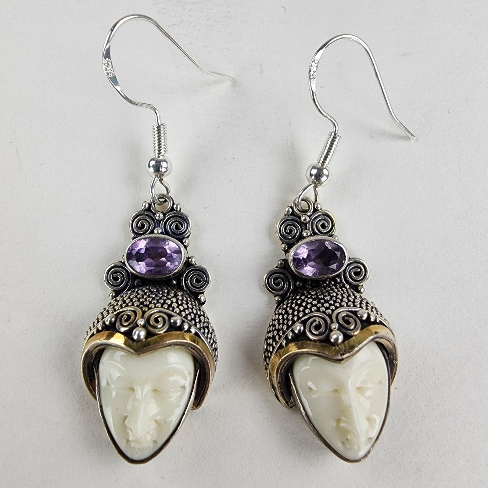14K Yellow Gold Amethyst Face Earrings Sterling Silver 925 Vintage Beaded