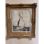 Linocut Still Life Print Gilt Frame MCM Black and White Engraving 14" x 16"