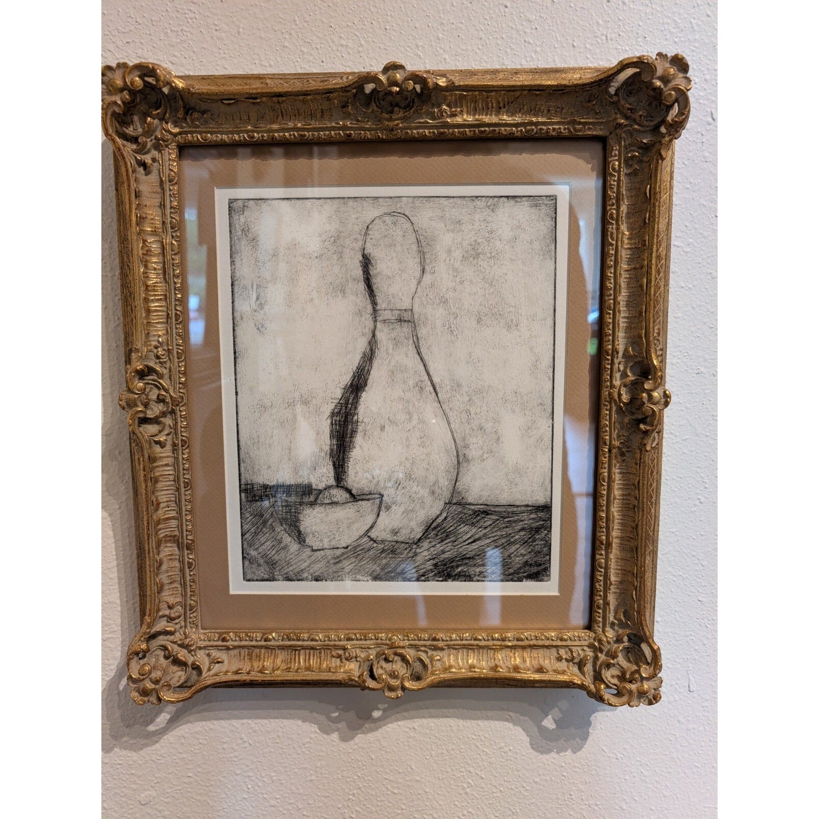 Linocut Still Life Print Gilt Frame MCM Black and White Engraving 14" x 16"