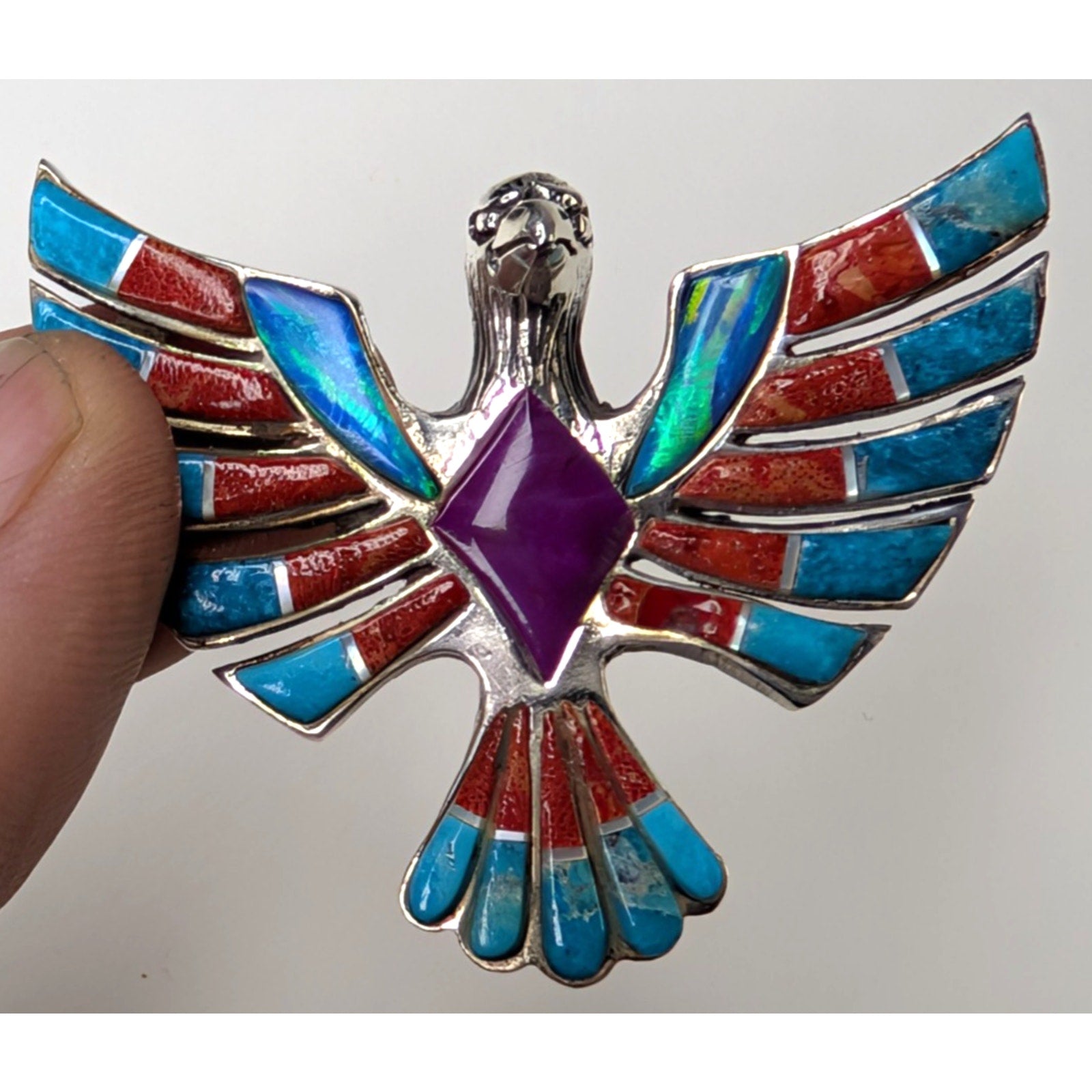 Bird Pendant Sterling Silver 925 Multistone Opal Turquoise Inlay Southwestern
