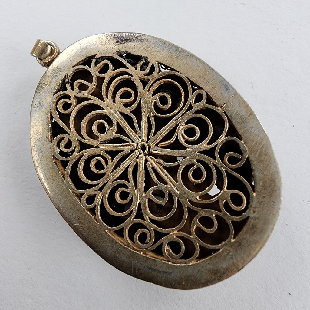 Vintage Chinese Carved Tigers Eye Pendant with Gold Finish & Filigree Back