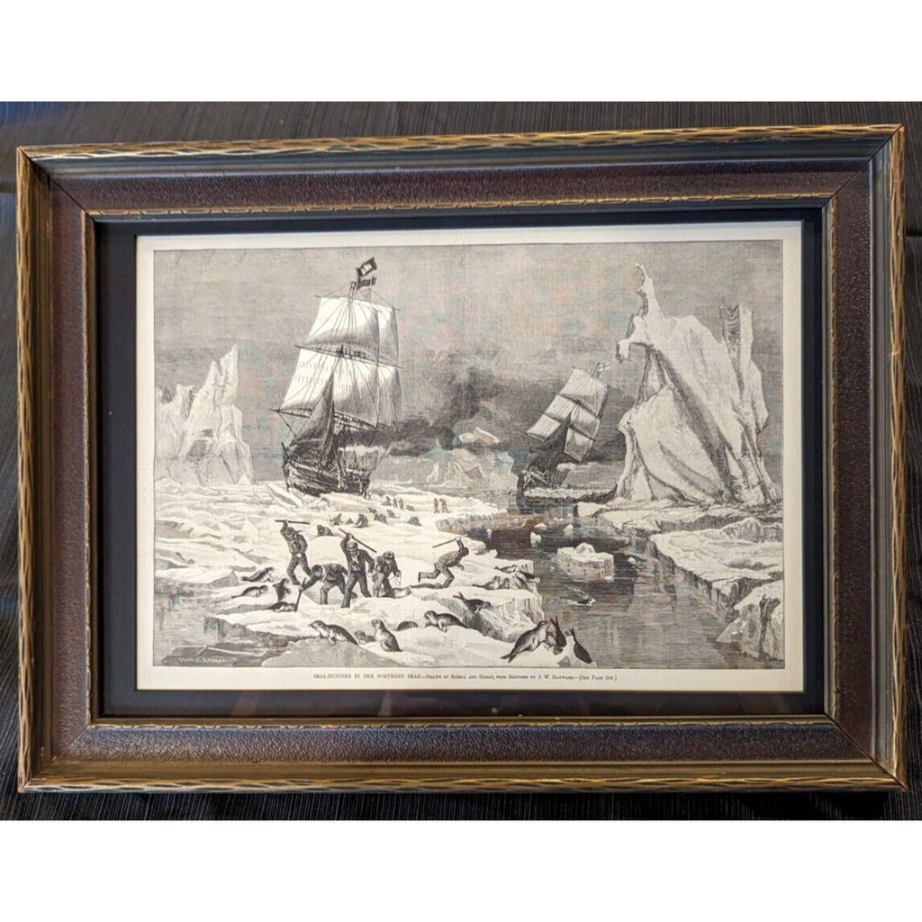 Framed 1881 Seal Hunt Print from Harpers Weekly Victorian Artwork Black & White