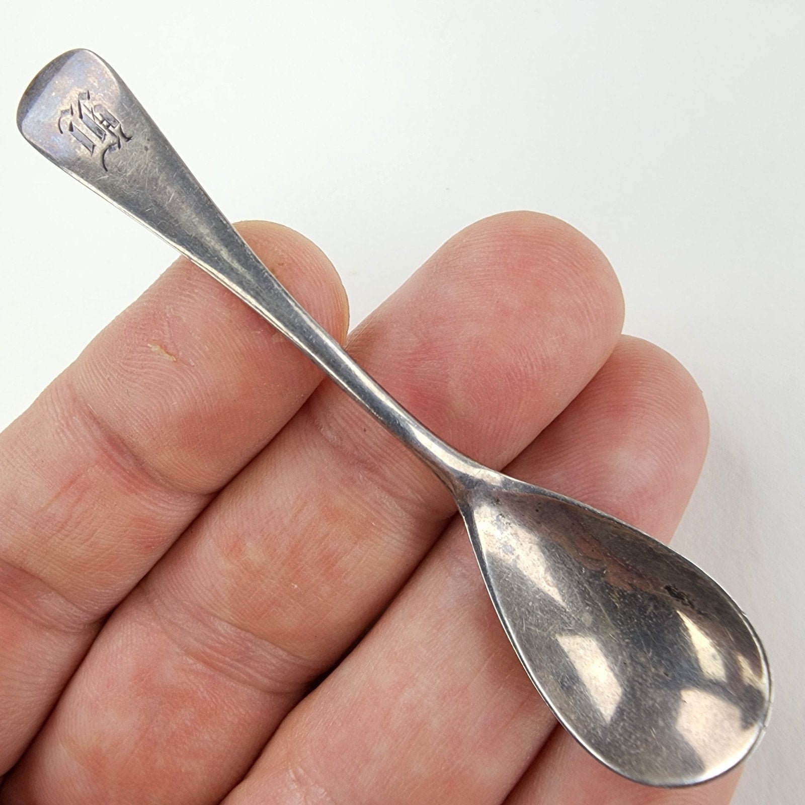 Fiddle Style Engraved M Salt Spoon Sterling Silver 925 Antique