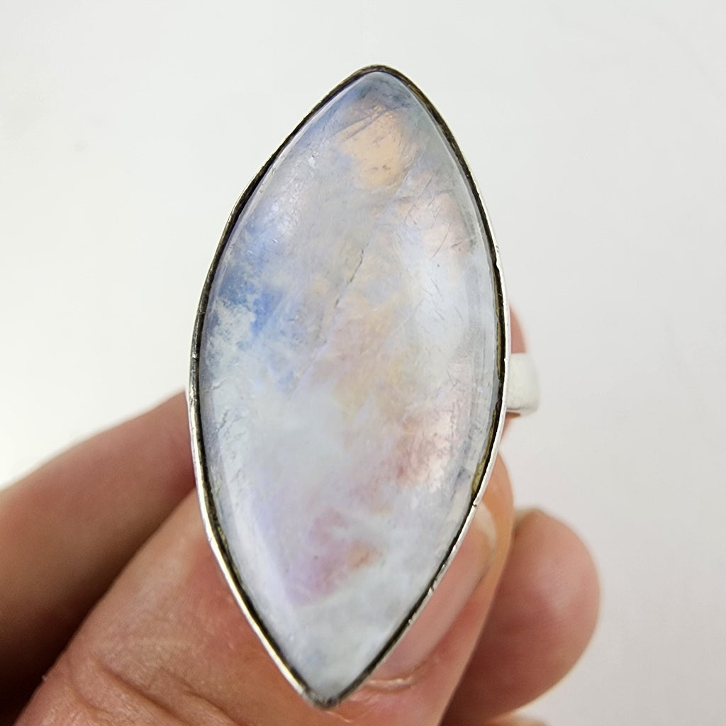 Rainbow Moonstone Marquise Cabochon Ring Size 8 Adjustable Sterling Silver 925