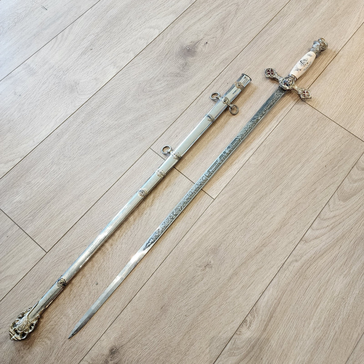 37" Freemason Vintage Sword & Sheath Engraved Henderson Ames Co.
