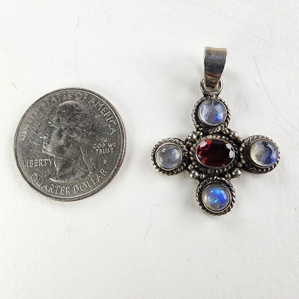 Rainbow Moonstone & Garnet Sterling Silver 925 Pendant Vintage