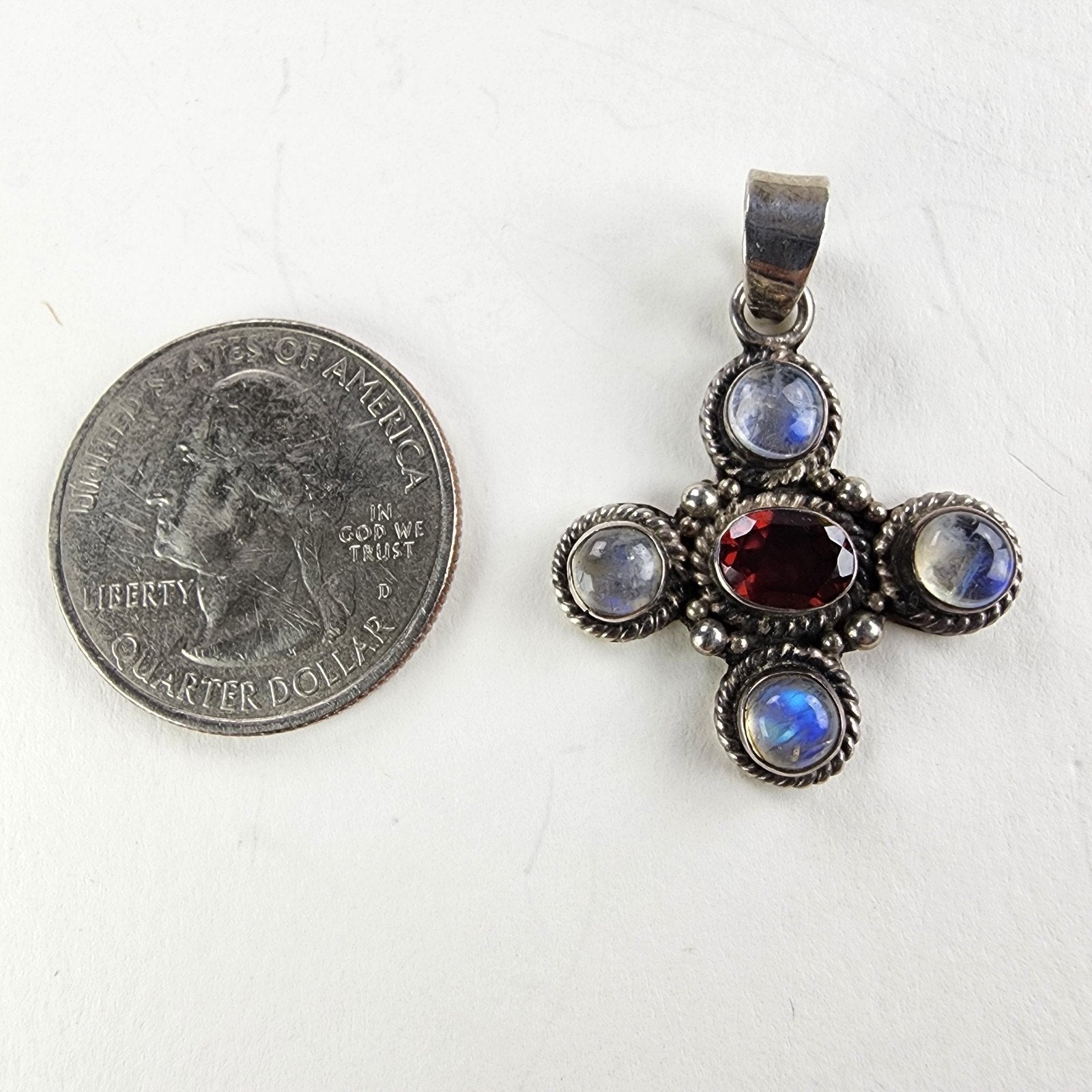 Rainbow Moonstone & Garnet Sterling Silver 925 Pendant Vintage
