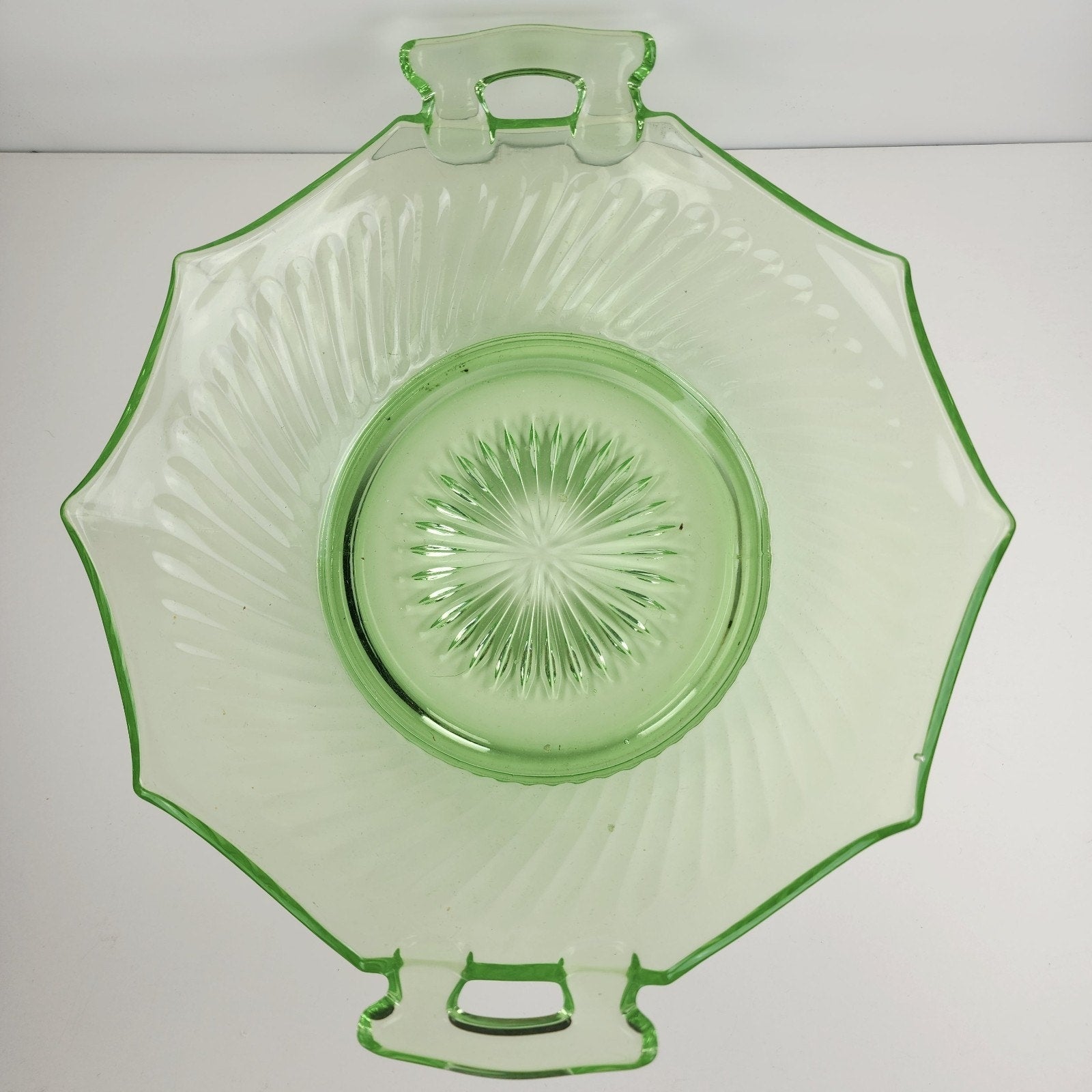 10" UV Uranium Glass Imperial Twisted Optic Handled Serving Bowl Vintage