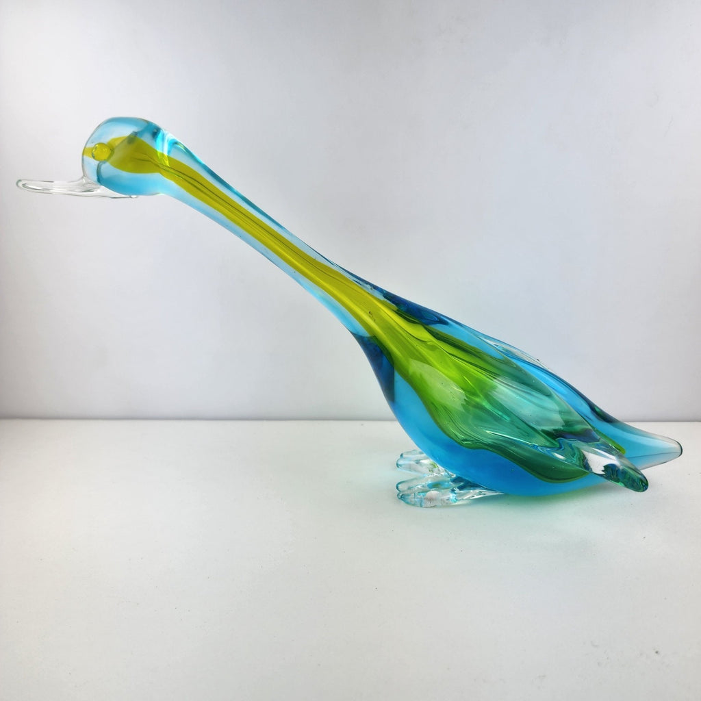 14" Murano Art Glass Duck Handmade Green Yellow Blue Bird Animal