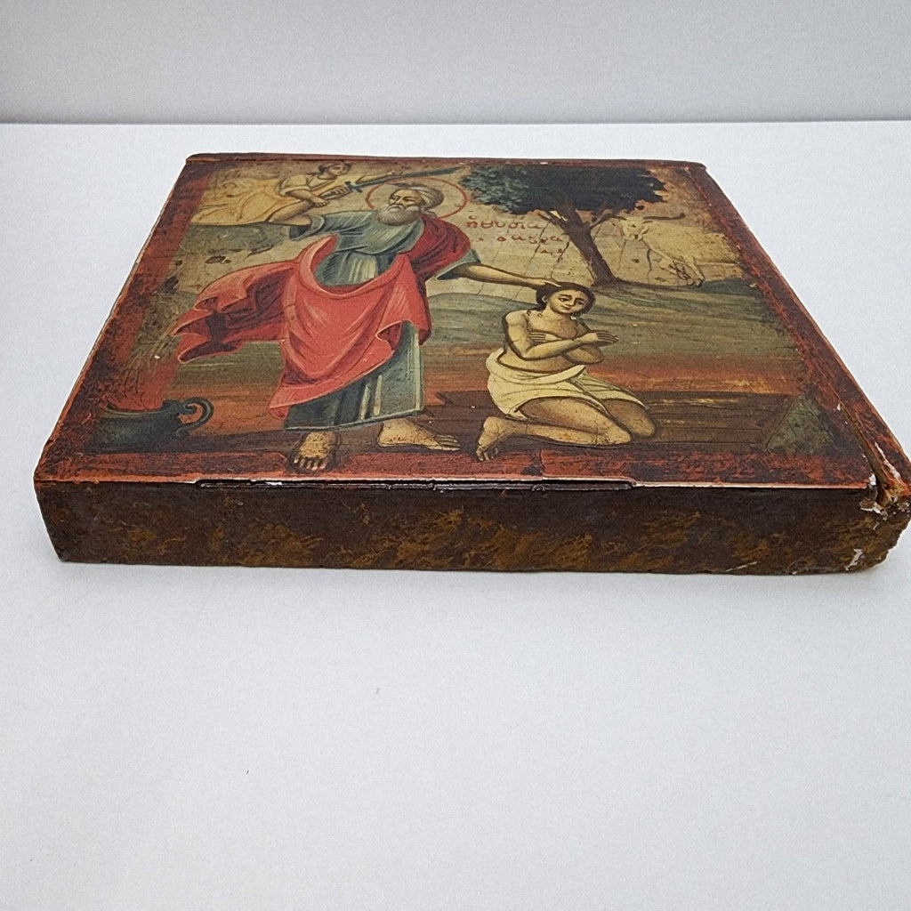 18c Sacrifice of Abraham Greek Icon Antique Hand Painted Isaac & Ram Unrestored