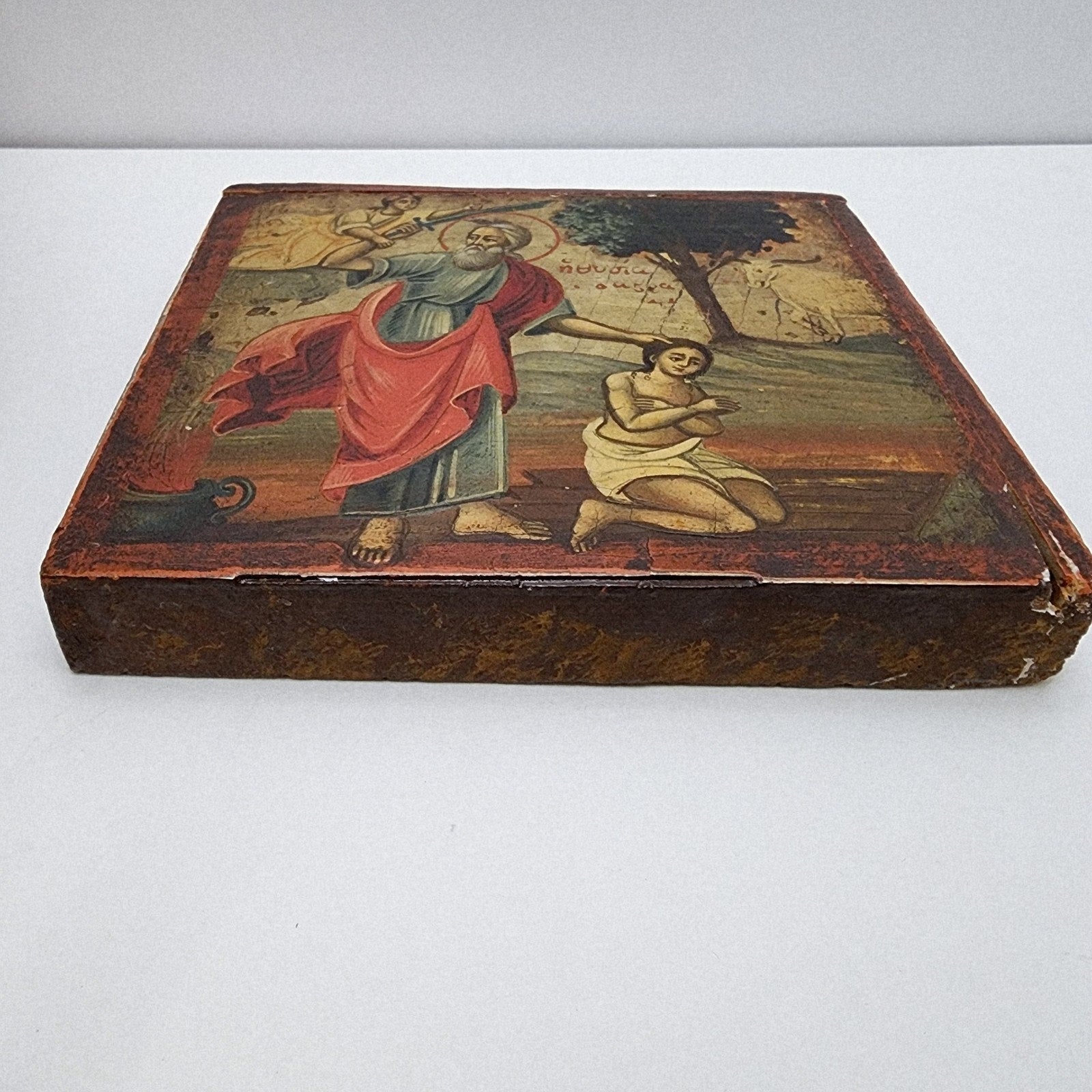 18c Sacrifice of Abraham Greek Icon Antique Hand Painted Isaac & Ram Unrestored