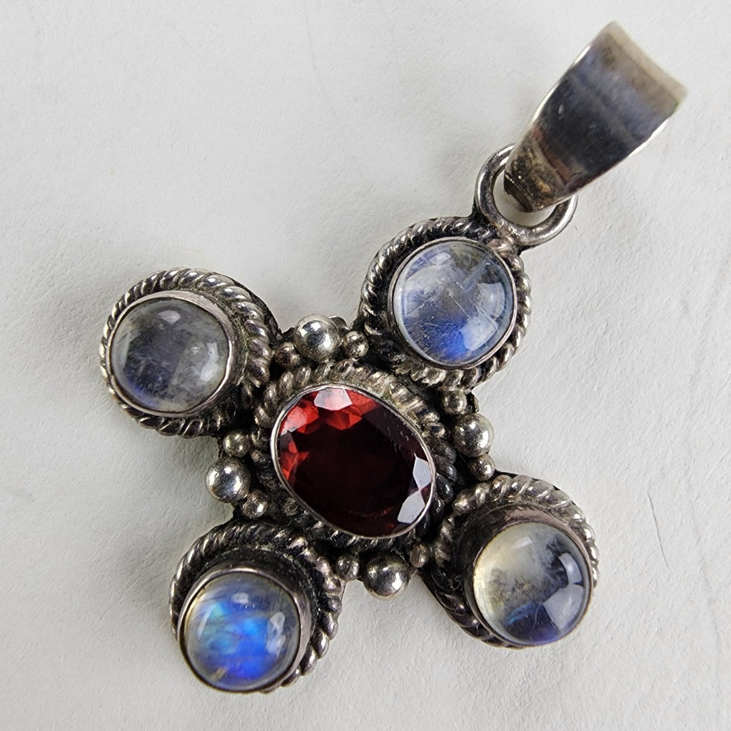Rainbow Moonstone & Garnet Sterling Silver 925 Pendant Vintage