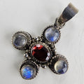Rainbow Moonstone & Garnet Sterling Silver 925 Pendant Vintage