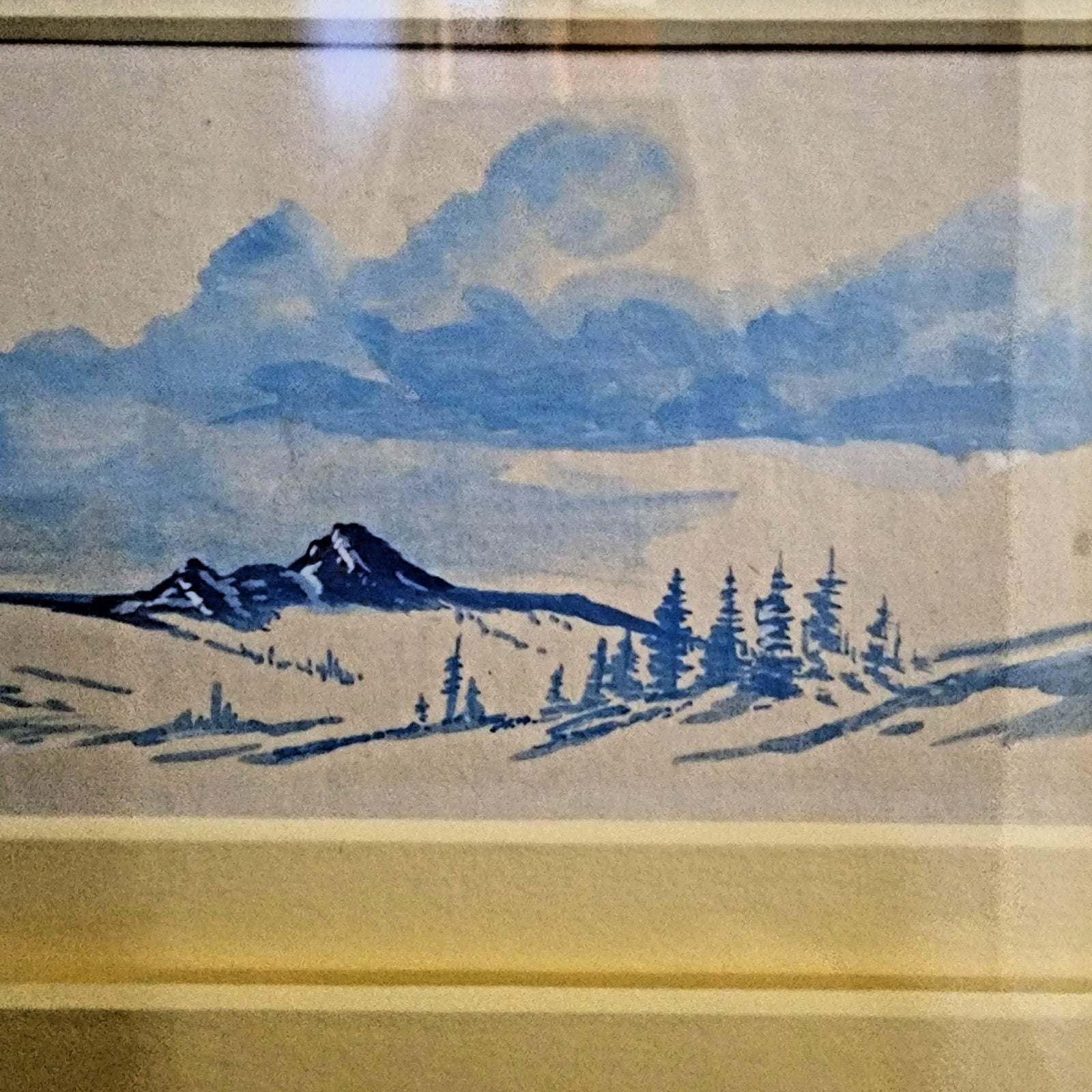 Tonalist Winter Mountain Landscape Scene Watercolor Painting by J Malkin