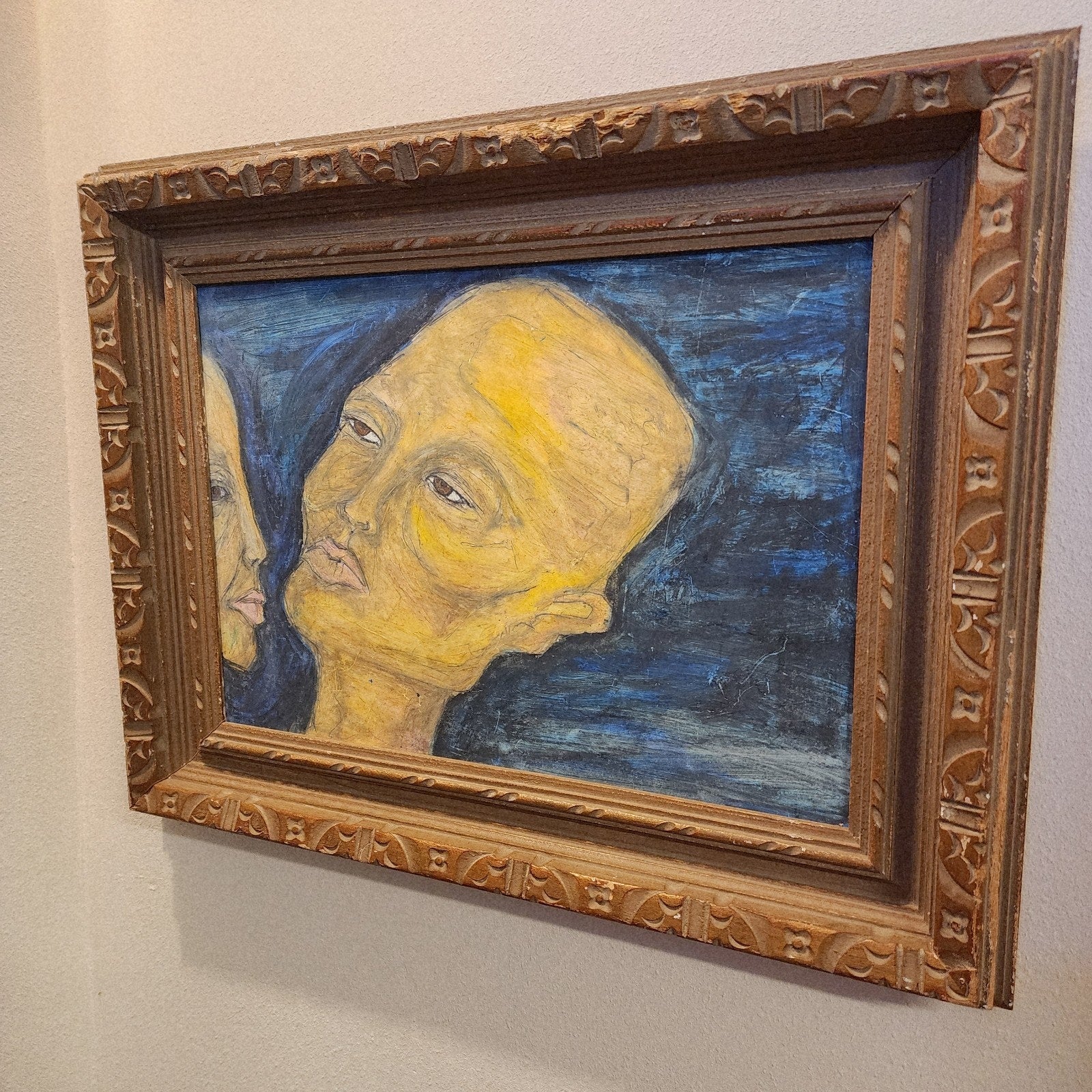 Expressionist Couple Acrylic on Panel Surrealist Painting Two Faces