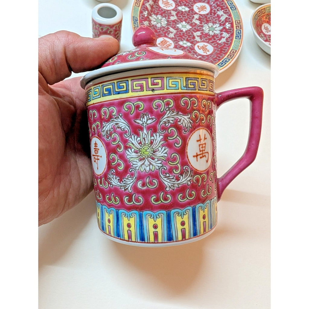 Chinese Famille Rose Mun Shou Porcelain Longevity 7 Piece Vanity Set MCM