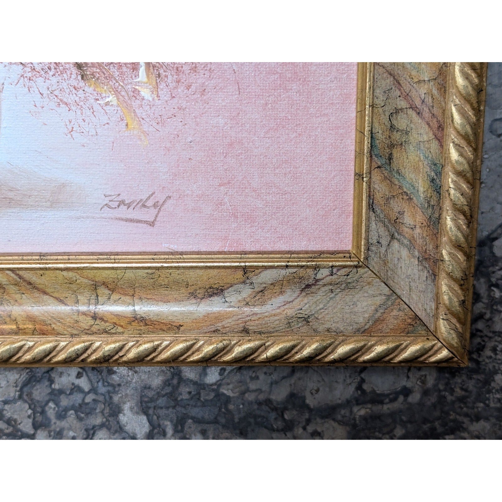 Pink Flowers Still Life Oil Painting Signed Emily Mid Century MCM