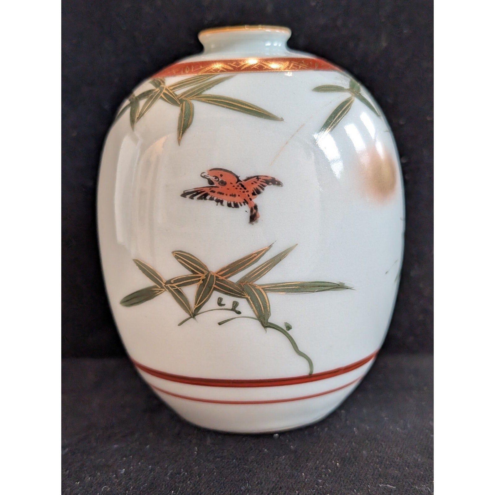 Kutani Bud Vase Japanese Hand Painted Porcelain Gilt Bamboo Scene 4" Tall