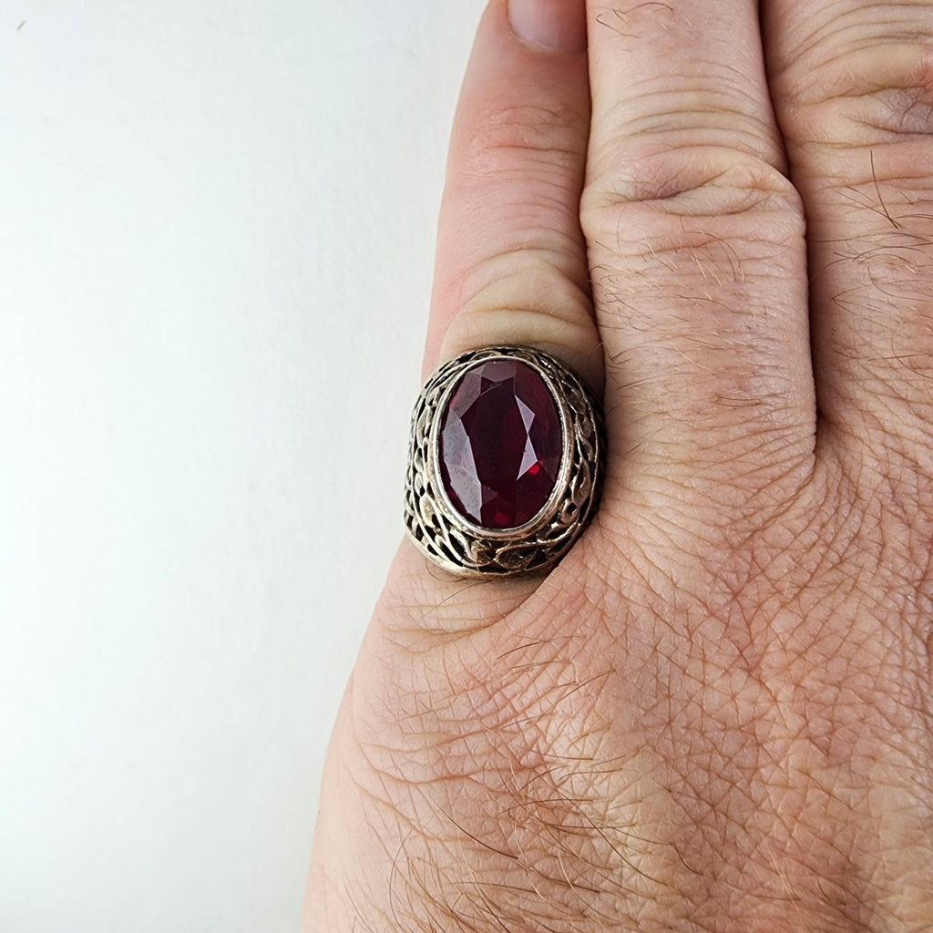 5ct Ruby Russian Mens Ring Size 7 1/2 Sterling Silver 875 Vintage Basketweave