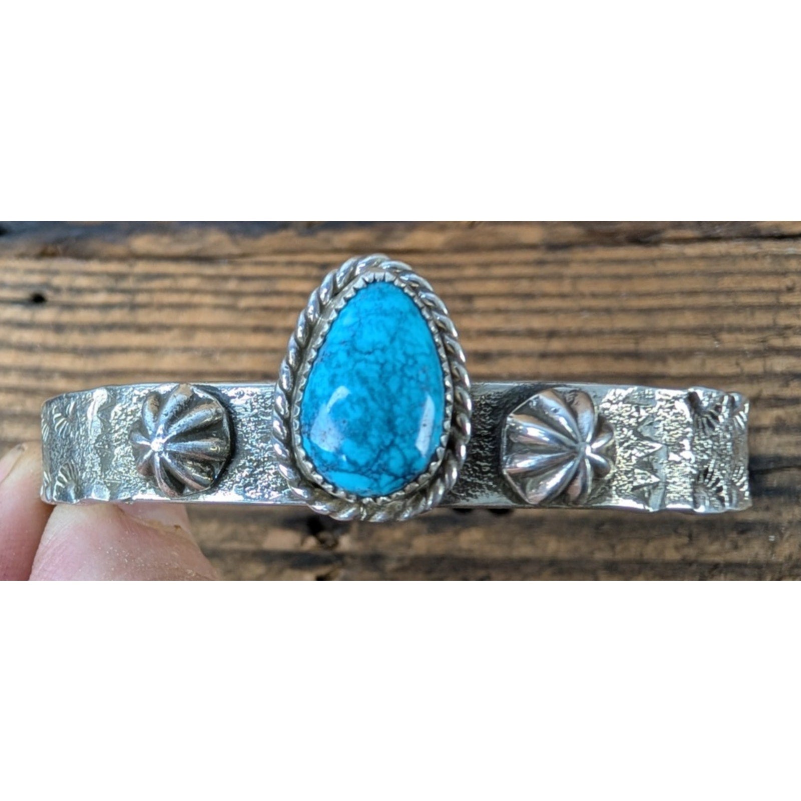 Ruben Castillo Turquoise Sterling Silver 925 Native Cuff Tufa Cast & Stamped