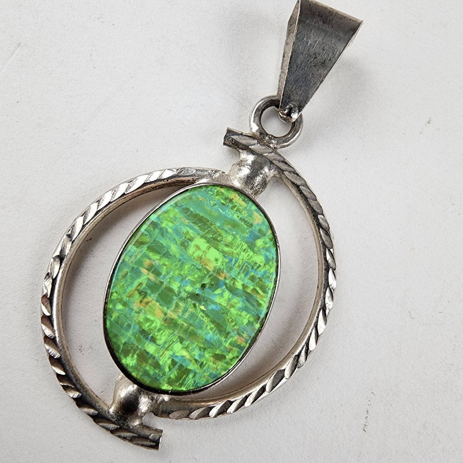 Vintage Green Fire Opal Oval Pendant Sterling Silver 925 Estate