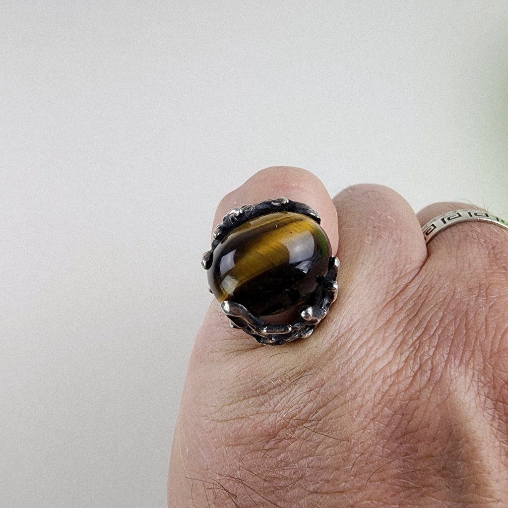 Brutalist Tigers Eye Cabochon Taxco Ring Size 8 by Mateo Sterling Silver 950 925