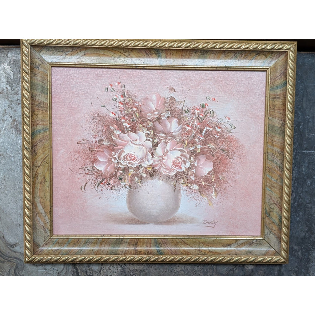 Pink Flowers Still Life Oil Painting Signed Emily Mid Century MCM