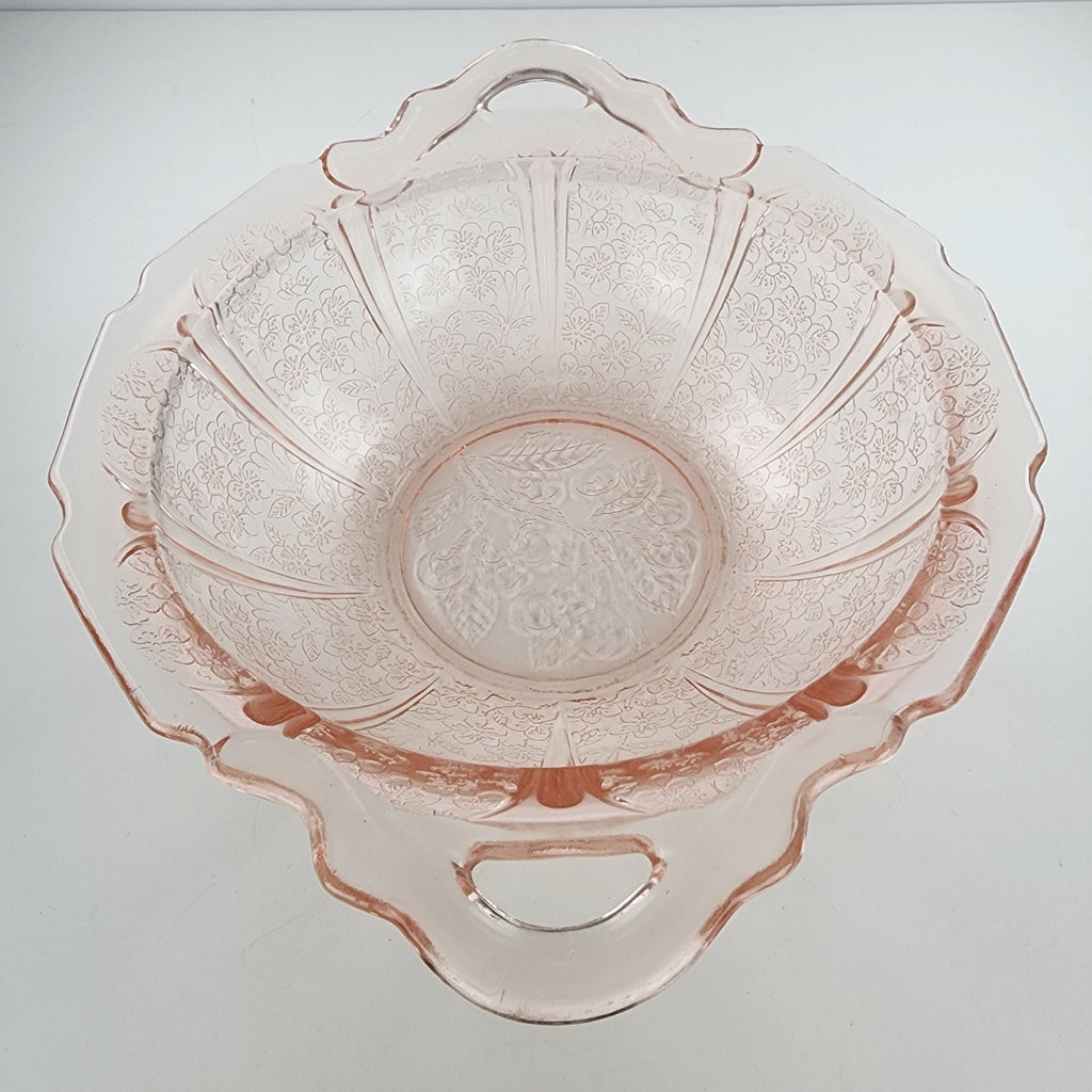 Jeanette Pink Depression Glass Handled Bowl Cherry Blossom Floral Pattern 1930s
